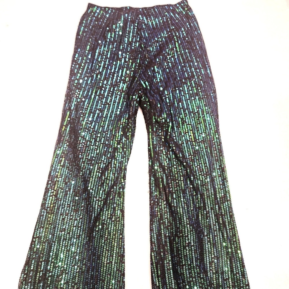 CIDER Green Sparkling Sequin Wide Leg Pants S Holiday Artsy Maximalist Glam Diva
